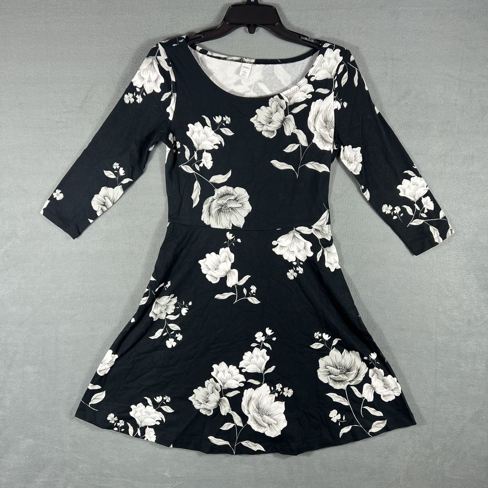 Old Navy Women's S Petite Black White‎ Floral Print Fit & Flare Dress 3/4 Sleeve